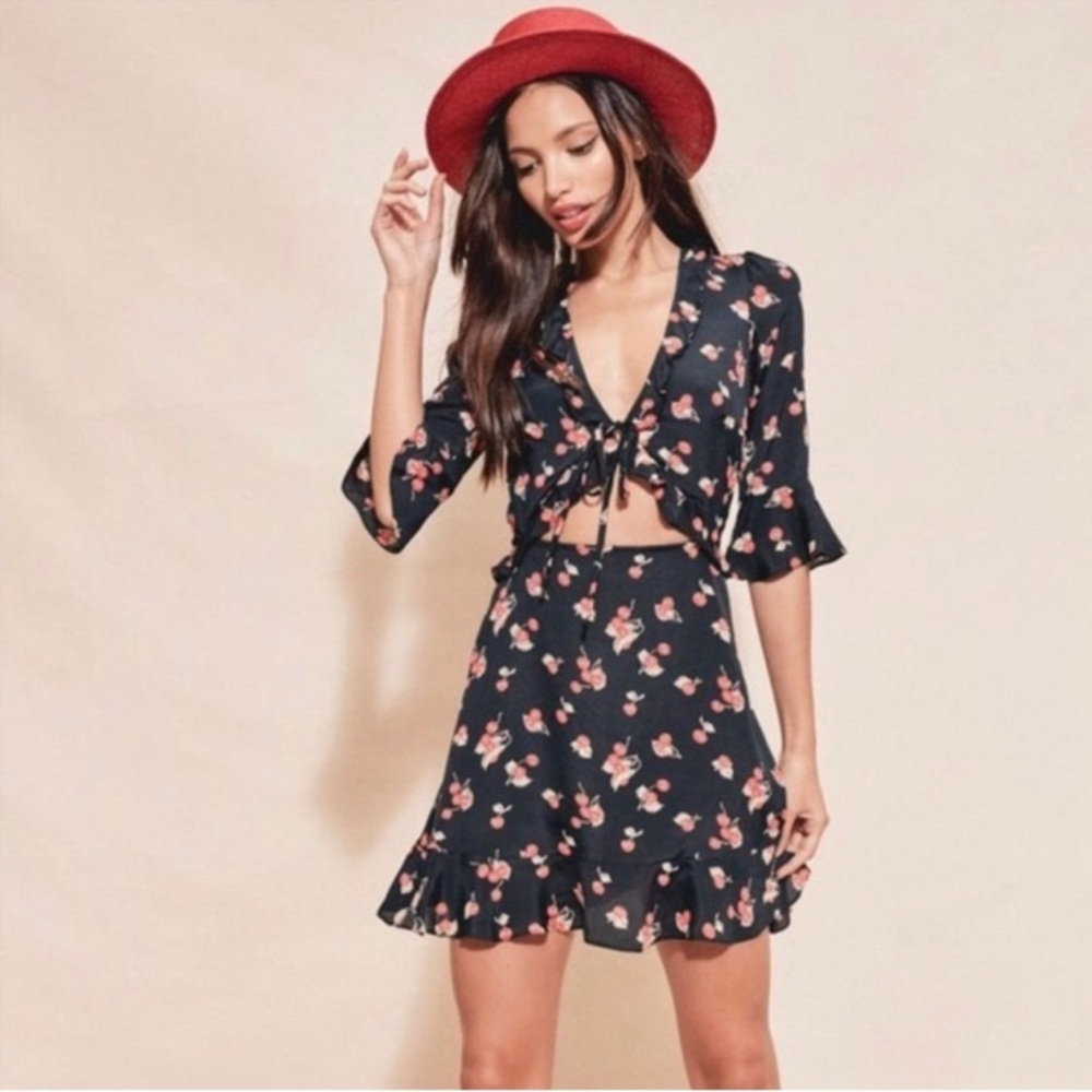 For Love and Lemons Cherry Print Tie Front mini Dress